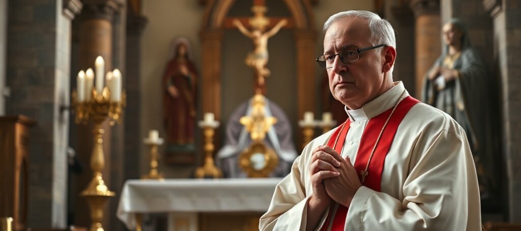 Reklama Artysta w tradycyjnych strojach liturgicznych modli się przed ołtarzem z krzyżem i monstrancją