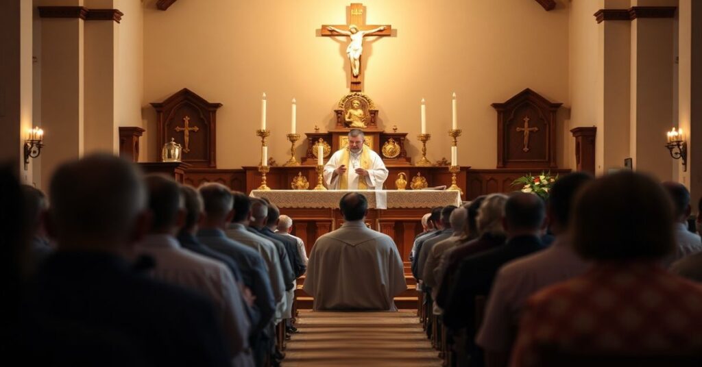 Tradycyjna Msza Święta w kościele z kapłanem w sutannie i albie celebrującym Ofiarę Mszy Świętej.