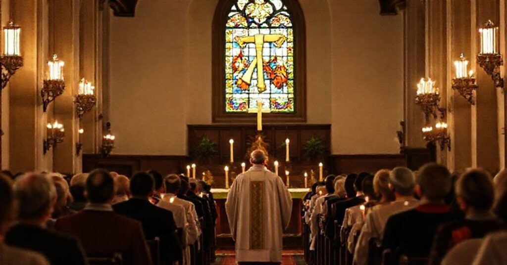 Tradycyjna msza święta w kościele katolickim z kapłanem w sutannie i surpelu stojącym przy ołtarzu, otoczonym pobożnymi wiernymi. Scena oświetlona świecami podkreśla sakralność sakramentów. Na tle witraż przedstawiający klucze świętego Piotra symbolizuje władzę Kościoła.