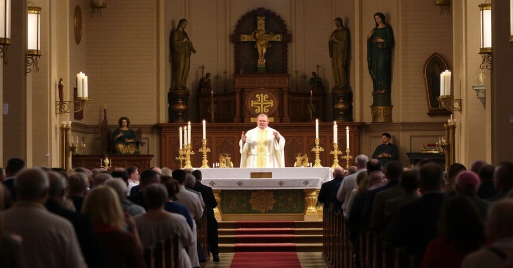 Tradycyjna Msza Święta w kościele z kapłanem w tradycyjnych ornamentach liturgicznych otoczony wiernymi podczas modlitwy.