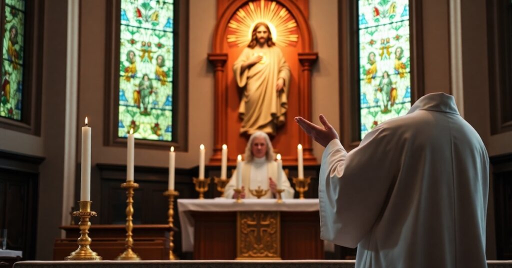 Tradycyjna msza święta w kościele katolickim z kapłanem w szatach liturgicznych podczas konsekracji.