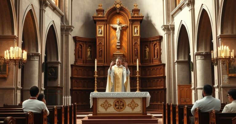 Sakramentale przedstawienie tradycyjnej Mszy Świętej w kościele katolickim, z kapłanem w liturgicznych szatach przy ołtarzu, w nastroju pełnym szacunku i wiernej tradycji.