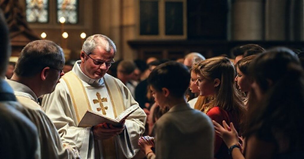 Tradycyjna msza św. w kościele z młodym zebraniem modlącego się z nabożeństwem.