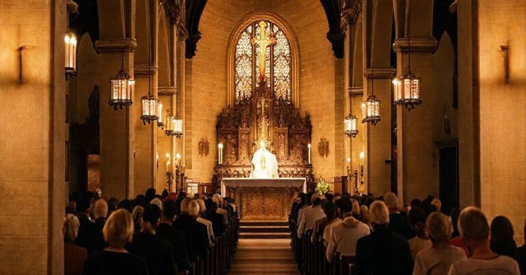 Tradycyjna Msza Święta w katolickim kościele z kapłanem w tradycyjnych szatach liturgicznych i modlącymi się wiernymi.