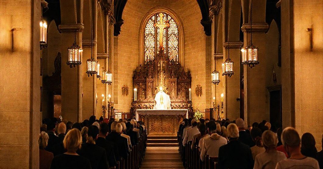 Tradycyjna Msza Święta w katolickim kościele z kapłanem w tradycyjnych szatach liturgicznych i modlącymi się wiernymi.