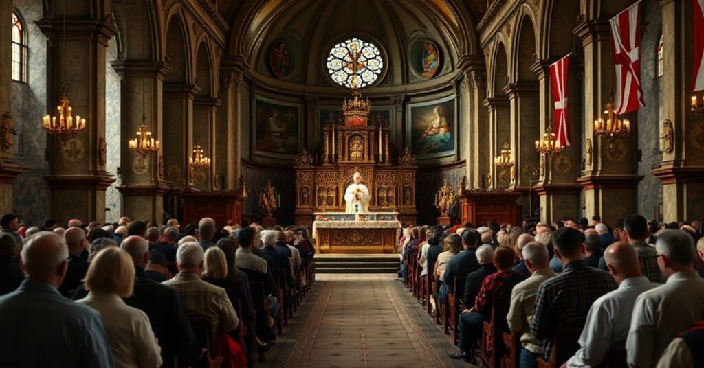 Tradycyjna Msza Święta w historycznym kościele polskim z skupieniem na ołtarzu i celebrującym księdzu otoczonym modlącymi się wiernymi. Scena podkreśla powagę i głęboką duchowość.