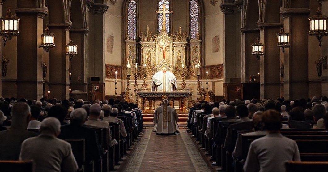 Tradycyjna Msza Święta w Kościele Katolickim - obraz sakramentalny Sakramentale przedstawienie tradycyjnej Mszy Świętej w kościele katolickim, z kapłanem w liturgicznych szatach przy ołtarzu, w nastroju pełnym szacunku i wiernej tradycji.