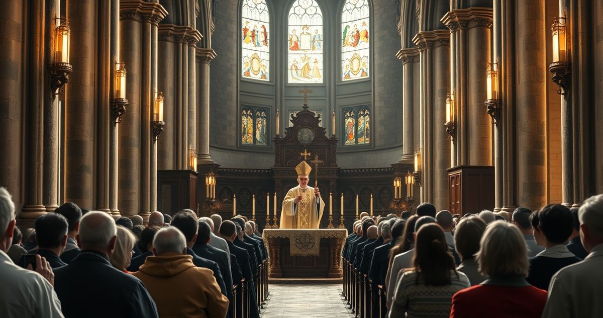 Fotorealistyczne, pełne szacunku zdjęcie tradycyjnej Mszy Świętej w katolickim kościele, z kapłanem w liturgicznych szatach i wiernymi w modlitewnej postawie, ukazujące głębię wiary i sakralność.