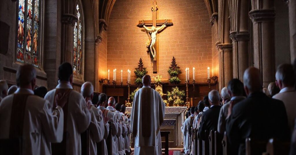 Tradycyjna msza święta w historycznym kościele z kapłanem w starożytnych ornatach i jąkającymi się minionymi.