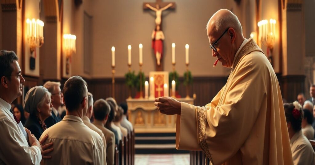 Solemne katolickie nabożeństwo w tradycyjnym wnętrzu kościelnym z kapłanem udzielającym Komunii świętej na język kłaniającemu się wiernemu.