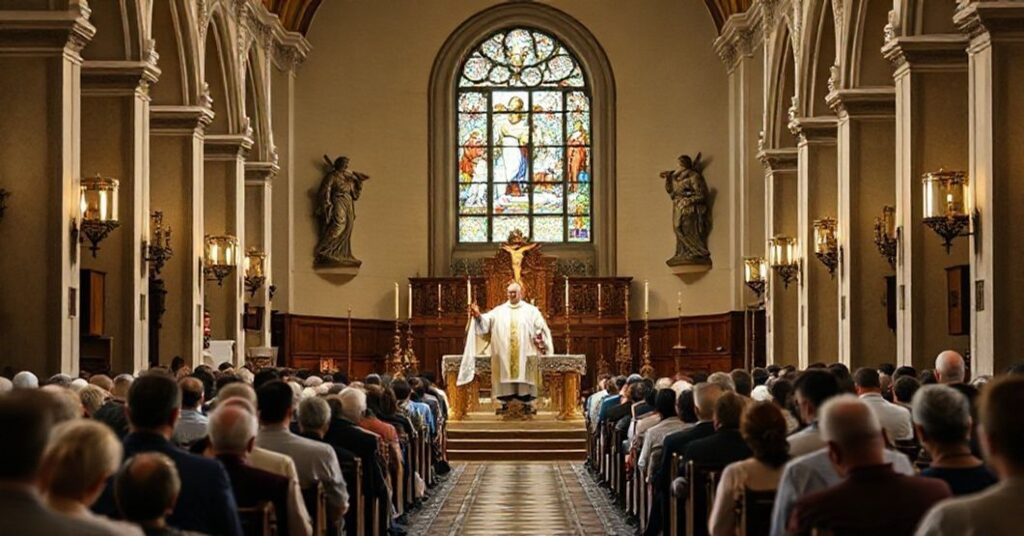 Tradycyjna msza św. w kościele katolickim z kapłanem w białych szatach i modlącymi się wiernymi.