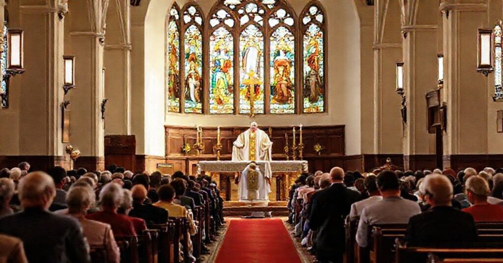 Sobór Tridentyński msza święta w tradycyjnym kościele katolickim z kapłanem w pełnym stroju liturgicznym i wiernymi w modlitwie.