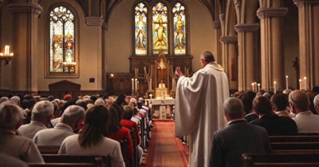 Tradycyjna msza święta w historycznym kościele polskim z podniesieniem hostii przez księży