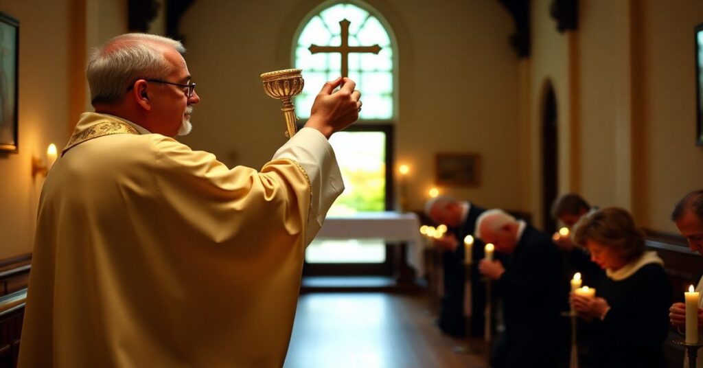 Tradycyjna msza święta sprawowana przez katolickiego księdza w kaplicy, z podniesionym Hostią i wiernymi modlącymi się przy ołtarzu