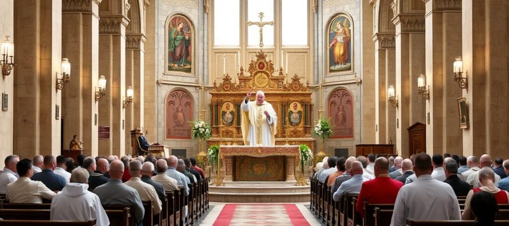 Tradycyjna msza święta według mszału św. Piusa V z kapłanem w tradycyjnych szatach liturgicznych.