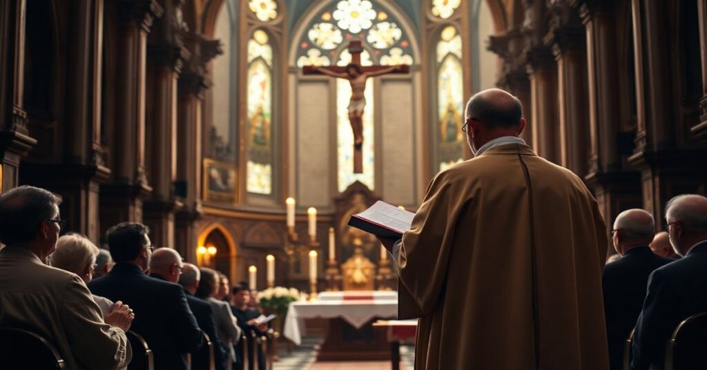 Tradycyjny ksiądz w sutannie podczas Mszy św. w historycznej kaplicy z wiernymi w modlitwie.