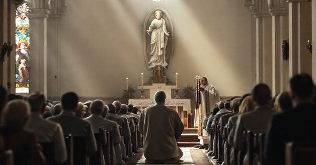 Tradycyjna katolicka msza święta w sanktuarium z księdzem podnoszącym hostię i wiernymi klęczącymi w modlitwie