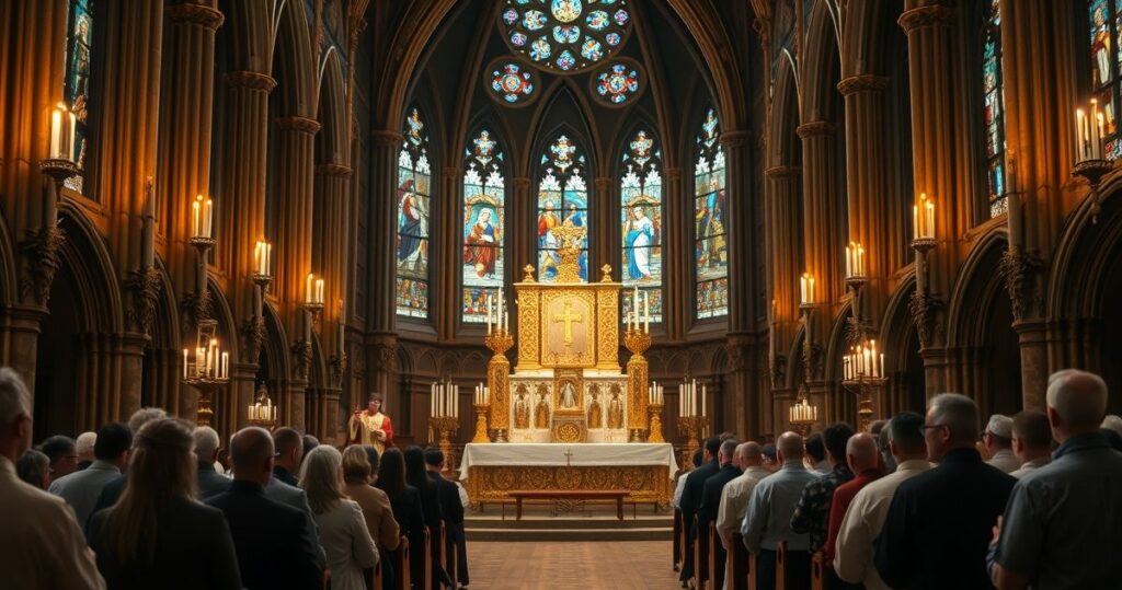 Fotografia realistyczna ukazująca uroczystą Mszę w tradycyjnym kościele katolickim, z kapłanem podczas podniesienia Eucharystii i wiernymi w modlitewnym skupieniu, podkreślająca istotę sakramentalnej odnowy duchowej.