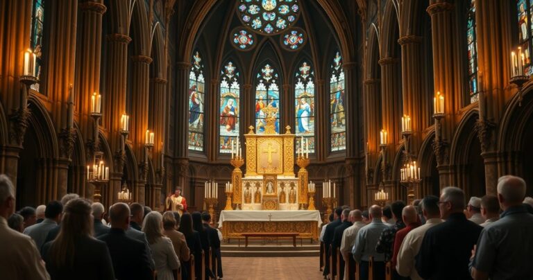 Fotografia realistyczna ukazująca uroczystą Mszę w tradycyjnym kościele katolickim, z kapłanem podczas podniesienia Eucharystii i wiernymi w modlitewnym skupieniu, podkreślająca istotę sakramentalnej odnowy duchowej.