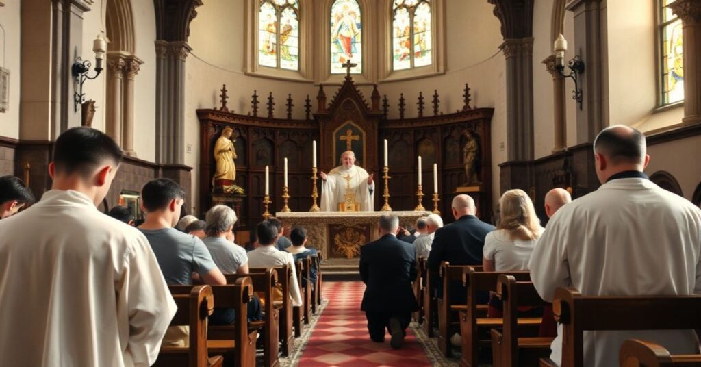Tradycyjna Msza święta w kościele polskim z grupą wiernych modlących się. Altar z łaskami i tabernakulum.