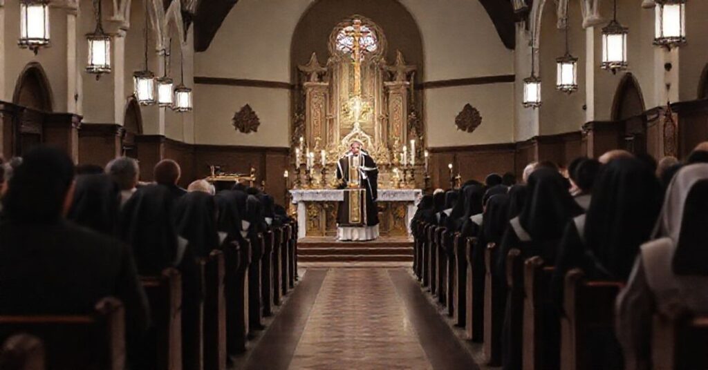 Tradycyjna msza św. w rytach trydenckich z siedzącym kapłanem i siostrami w habitach.