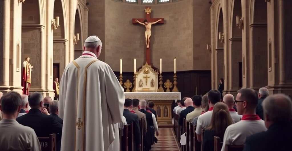 Sobór katolicki w tradycyjnym rzymskim obrzędzie z kapłanem w biało-czerwonym ornacie, modlącym się wiernych i ołtarzem ozdobionym kandelabrami i krzyżem.