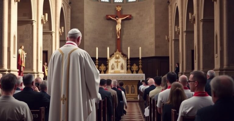 Sobór katolicki w tradycyjnym rzymskim obrzędzie z kapłanem w biało-czerwonym ornacie, modlącym się wiernych i ołtarzem ozdobionym kandelabrami i krzyżem.