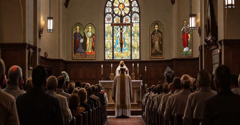 Tradycyjna msza święta w kościele z krucyfiksem na ołtarzu i modlącym się tłumem.