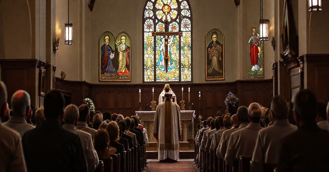 Tradycyjna msza święta w kościele z krucyfiksem na ołtarzu i modlącym się tłumem.