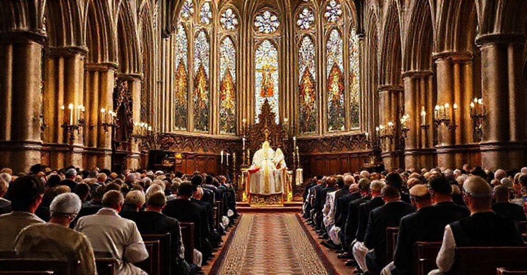 Tradycyjna katolicka msza święta w historycznej europejskiej kościele z wiernymi klęczącymi w pokorze.