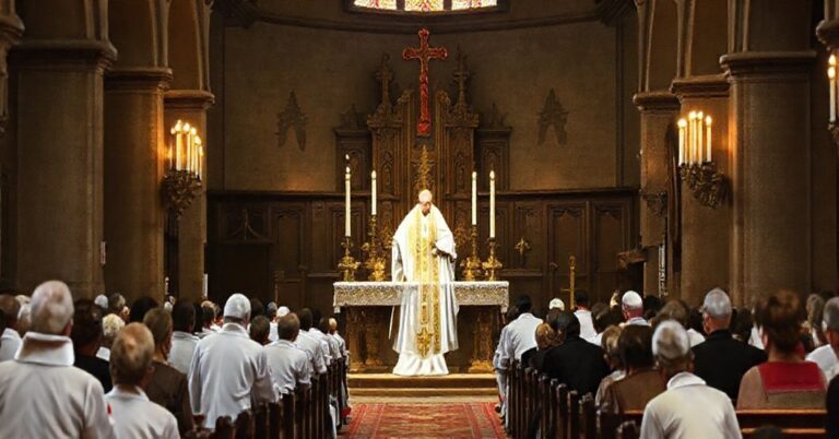 Tradycyjna katolicka scena ukazująca uroczystą Mszę Świętą w historycznym kościele, z księdzem w pełnym stroju liturgicznym celebrującym Ofiarę Świętą. Ołtarz ozdobiony jest świecami i naczyniami sakralnymi, symbolizującymi prawdziwe oddanie Bogu. Wierni, ubrani w skromne stroje, klękają w nabożeństwie. Atmosphera jest pełna powagi i pobożności, kontrastująca z modernistycznymi zniekształceniami opisywanych w artykule. Obraz wyraża istotę autentycznego katolickiego kultu, podkreślając znaczenie Ofiary Mszy Świętej i potrzebę nawrócenia i pokuty, w odróżnieniu od fałszywych jubileuszów i herezji promowanych przez sektę modernistyczną.
