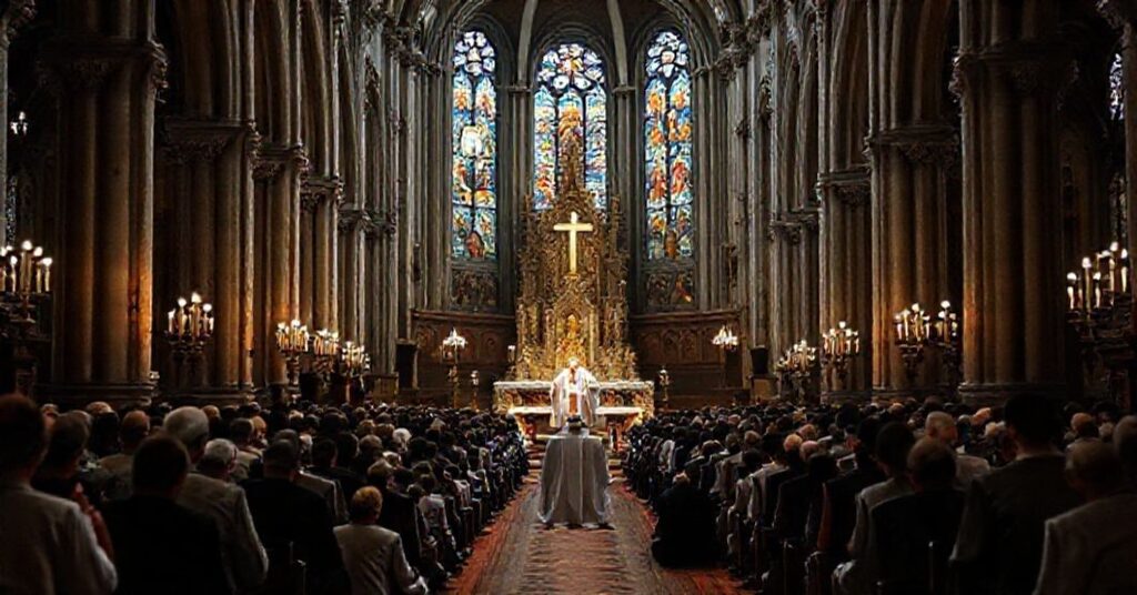 Solemne msze trydenckie w tradycyjnym kościele katolickim z kapłanem sedewakantystów i pokorną rzymską powagą.