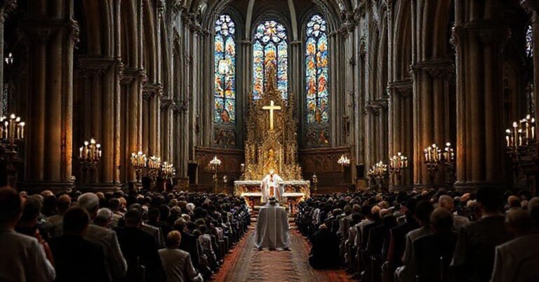 Solemne msze trydenckie w tradycyjnym kościele katolickim z kapłanem sedewakantystów i pokorną rzymską powagą.