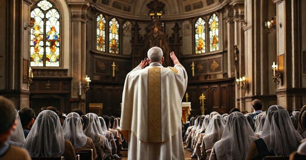 Tradycyjny ryt mszy świętej w kościele z kapłanem celebrującym Mszę Świętą w kierunku wschodu.