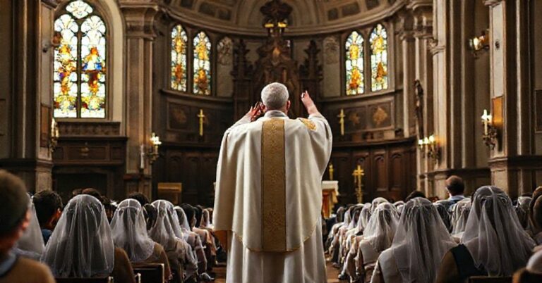 Tradycyjny ryt mszy świętej w kościele z kapłanem celebrującym Mszę Świętą w kierunku wschodu.