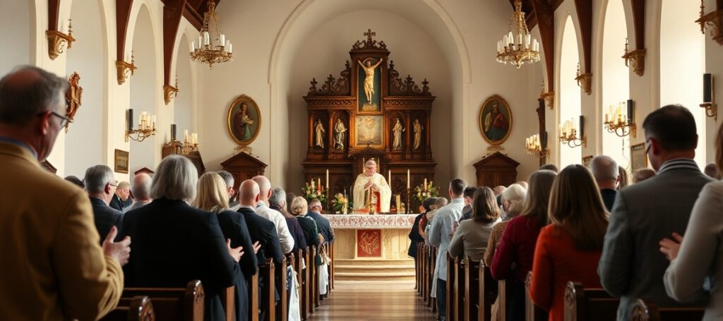 Tradycyjna Msza Święta w kościele polskim z kapłanem celebrującym Mszał Piusa V i wiernymi modlącymi się z głęboką pobożnością