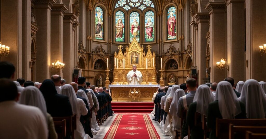 Tradycyjna Mszę Świętą w poważnym kościele katolickim z kapłanem w pełnej liturgicznej szacie i klęczącymi wiernymi w welonach