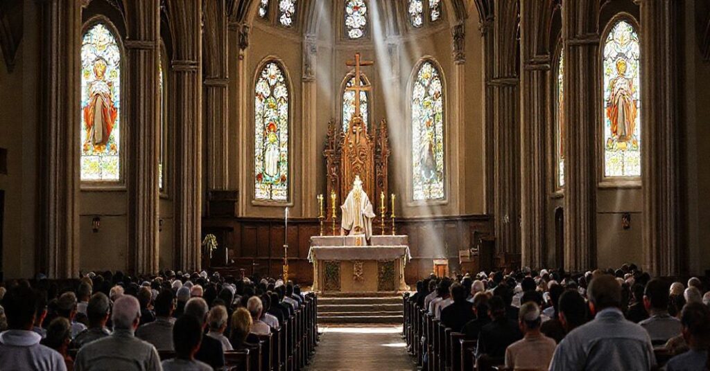 Wnętrze katolickiego kościoła podczas Mszy Świętej z akcentem na ołtarzu jako centralnym miejscu ofiary boskiej. Ksiądz w tradycyjnych szatach liturgicznych podnosi konsekrowaną Hostię. Wierni klęczą w nabożnej adoracji przy naturalnym świetle przechodzącym przez witraże z tradycyjnymi motywami katolickimi.