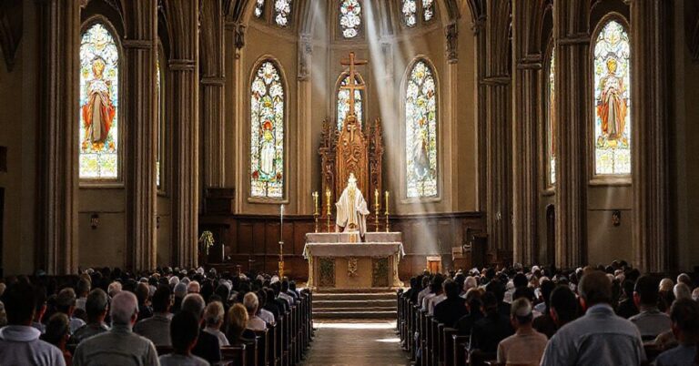 Wnętrze katolickiego kościoła podczas Mszy Świętej z akcentem na ołtarzu jako centralnym miejscu ofiary boskiej. Ksiądz w tradycyjnych szatach liturgicznych podnosi konsekrowaną Hostię. Wierni klęczą w nabożnej adoracji przy naturalnym świetle przechodzącym przez witraże z tradycyjnymi motywami katolickimi.