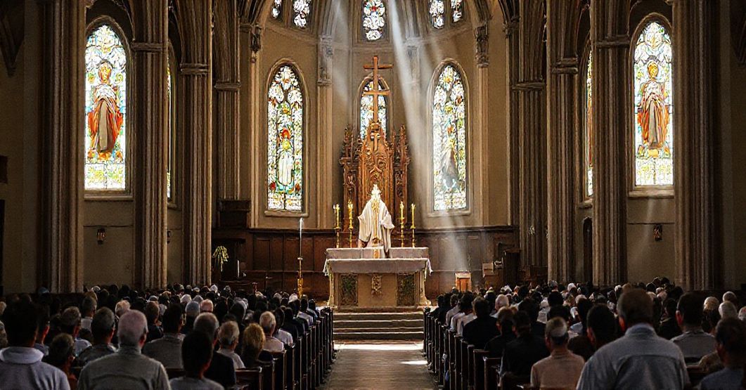 Wnętrze katolickiego kościoła podczas Mszy Świętej z akcentem na ołtarzu jako centralnym miejscu ofiary boskiej. Ksiądz w tradycyjnych szatach liturgicznych podnosi konsekrowaną Hostię. Wierni klęczą w nabożnej adoracji przy naturalnym świetle przechodzącym przez witraże z tradycyjnymi motywami katolickimi.