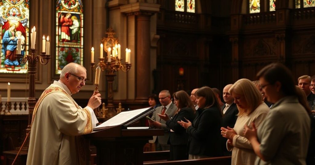 Tradycyjna katolicka msza święta w kościele z wiernymi w modlitwie.