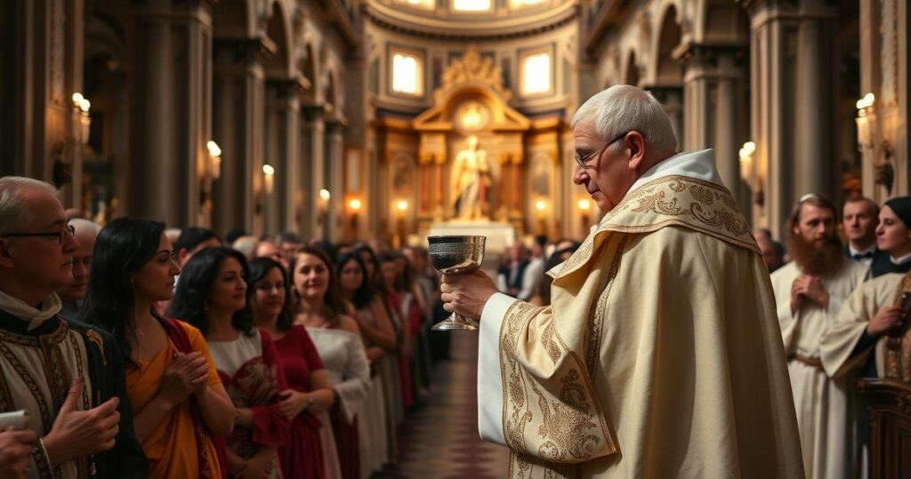 Tradycyjna katolicka Msza święta w katedrze z kapłanem w ornatach, celebrujący Eucharystię z szacunkiem i skupieniem wiernych.