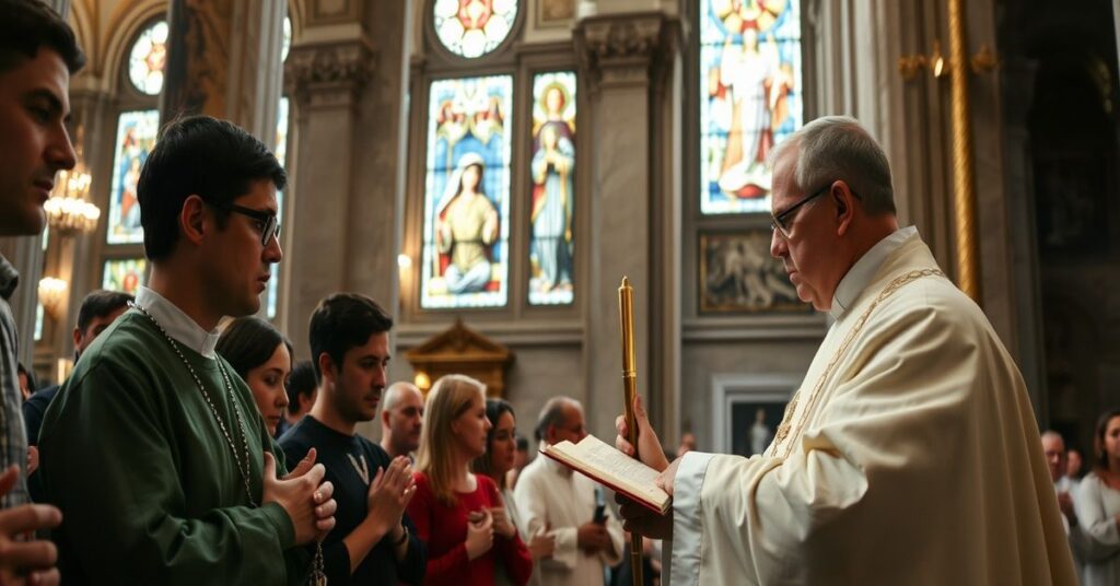 Scena mszy świętej w tradycyjnym stylu katolickim w Bazylice Świętego Piotra w Watykanie.