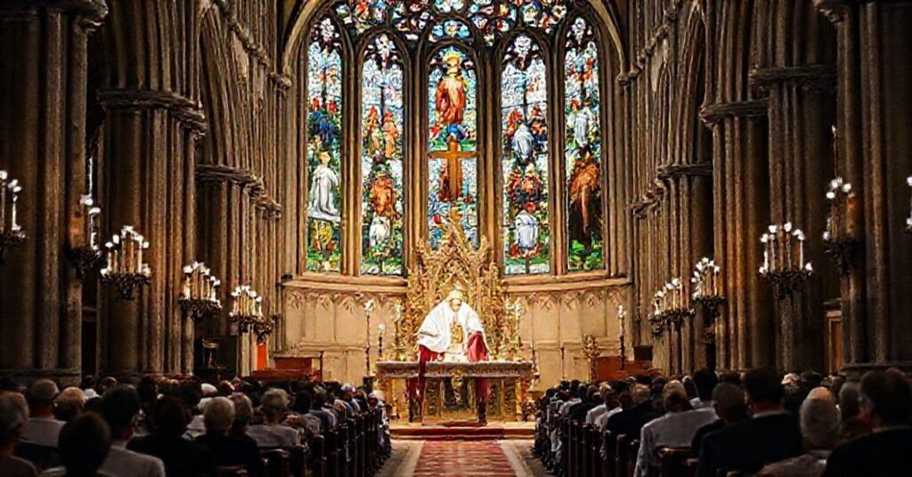 Sobór katolicki z biskupem w pełnych ornatach pontyfikalnych podczas Mszy Świętej