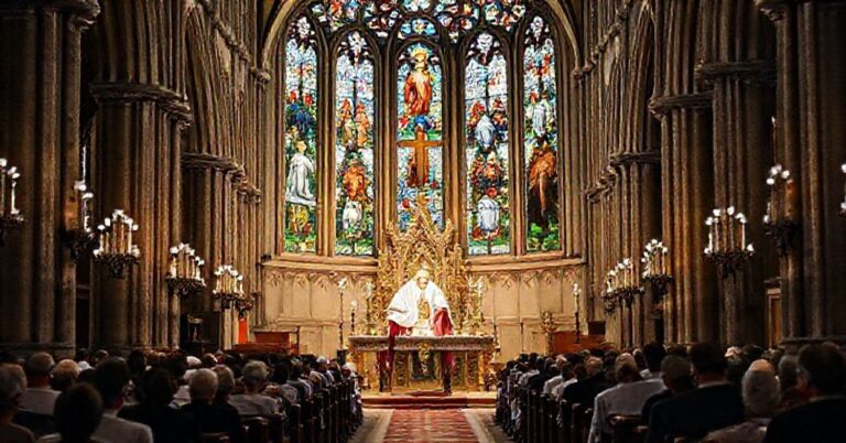 Sobór katolicki z biskupem w pełnych ornatach pontyfikalnych podczas Mszy Świętej