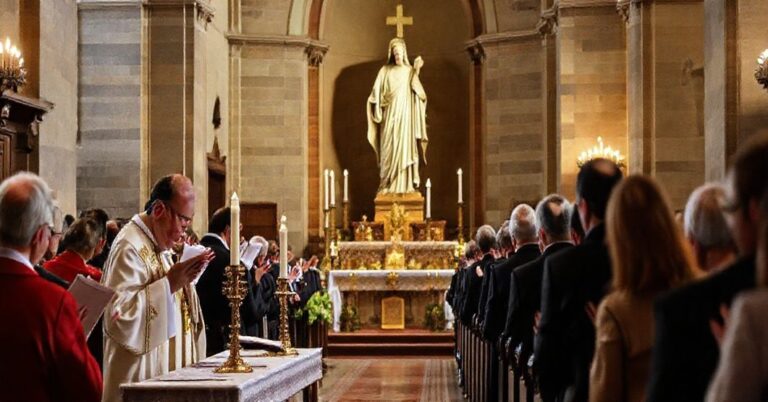 Kolejka tradycyjnych katolików modląca się w łacińskiej Mszy Świętej w historycznym kościele, z akcentem na społeczne panowanie Chrystusa.