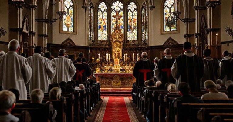 Tradycyjna msza w Tarnowie ze skupionymi w modlitwie kapłanami i wiernymi