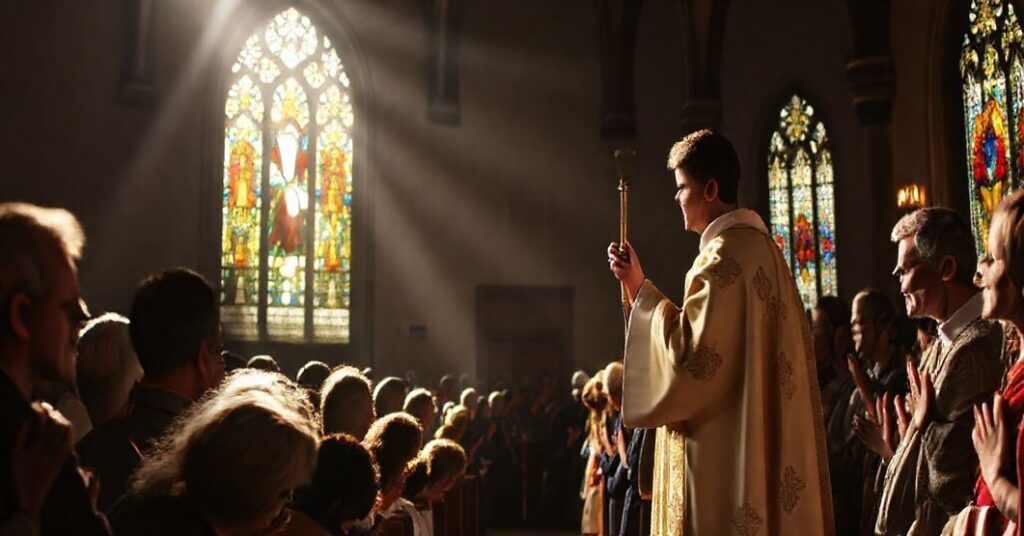 Tradycyjna Msza trydencka w kościele tradycyjnym, z kapłanem podnoszącym Hostię podczas konsekracji, w otoczeniu modlących się wiernych.