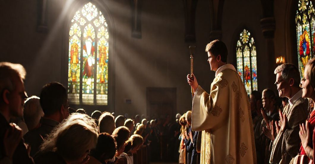 Tradycyjna Msza trydencka w kościele tradycyjnym, z kapłanem podnoszącym Hostię podczas konsekracji, w otoczeniu modlących się wiernych.