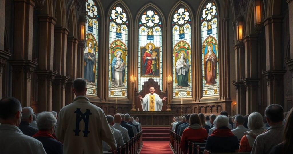 Tradycyjna msza święta w kościele katolickim z kapłanem w szatach trydenckich, modląca się wierna wspólnota przy delikatnym świetle świec, witraże z wizerunkami świętych, atmosfera skupienia i nadziei w trudnych czasach.